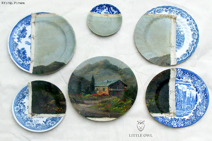 Little owl design's altered perspective hand painted transferware Chalet Créatif Alpin
