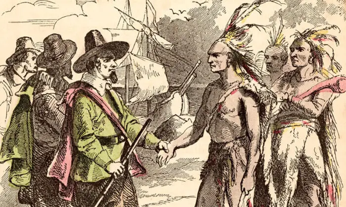 Samoset meets with the Native American Abnaki people of the Algonquin nation. Circa 1653.