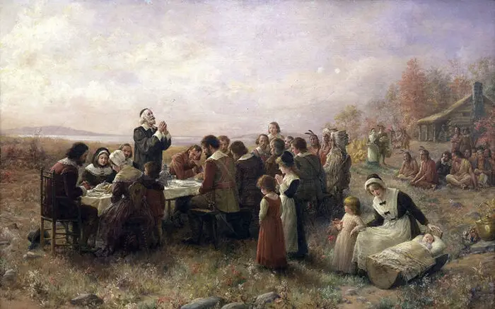 The First Thanksgiving at Plymouth, oil on canvas by Jennie Augusta Brownscombe (1914).