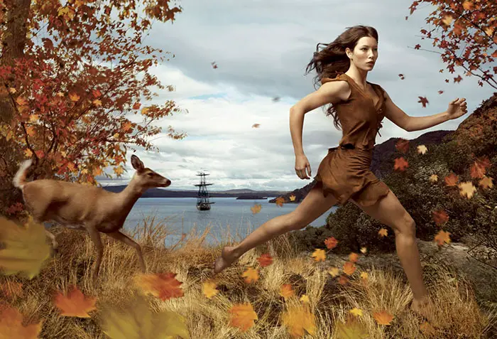 Jessica Biel is portrayed as Pocahontas in an image titled "Where Dreams Run Free"
