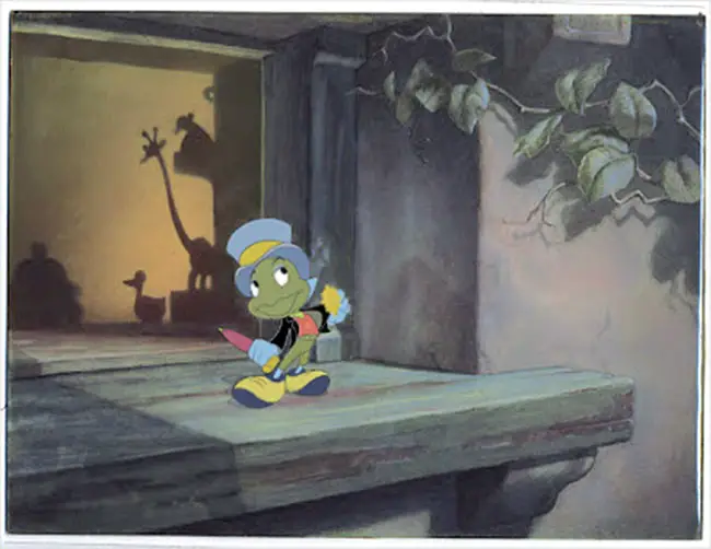 A cel setup of Jimmy Cricket from the 1940 film "Pinocchio."