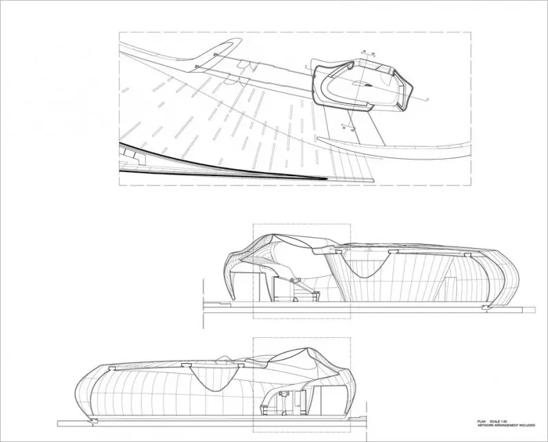 Chanel Mobile Art Pavilion, Zaha Hadid, sections and Coatroom