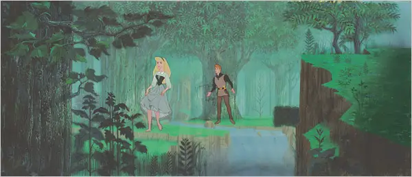 A cel and background set-up from “Sleeping Beauty” by Eyvind Earle