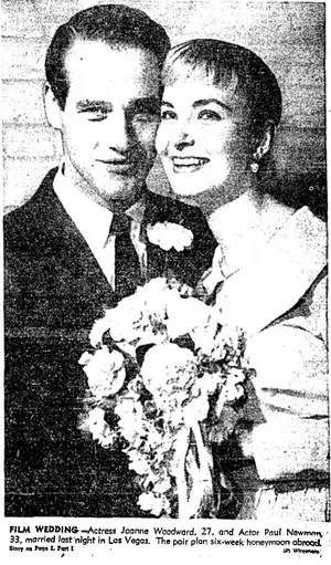 Original wedding announcement for Paul Newman and Joanne Woodward in the Los Angeles Times