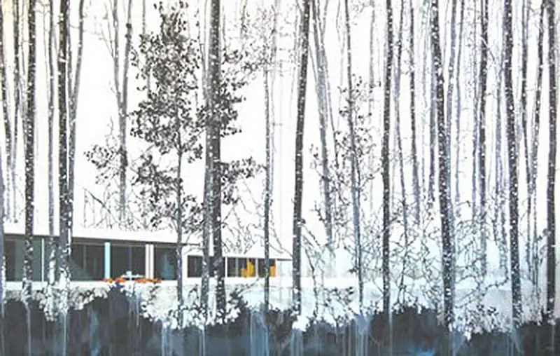 Snow Trees and Modern Home (diptych)