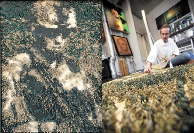 Jason Baalman glued 1,500 toy Army men to a camouflaged board