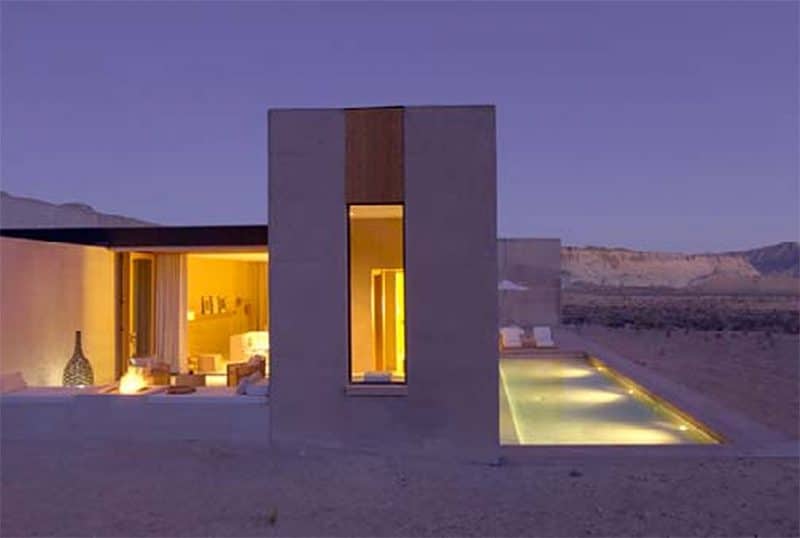 private pool and villa at night