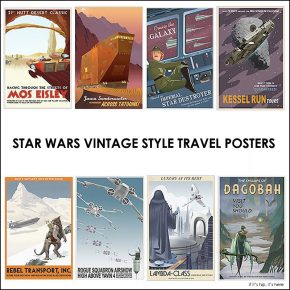 Vintage Style Illustrated Star Wars Travel and Transportation Posters.