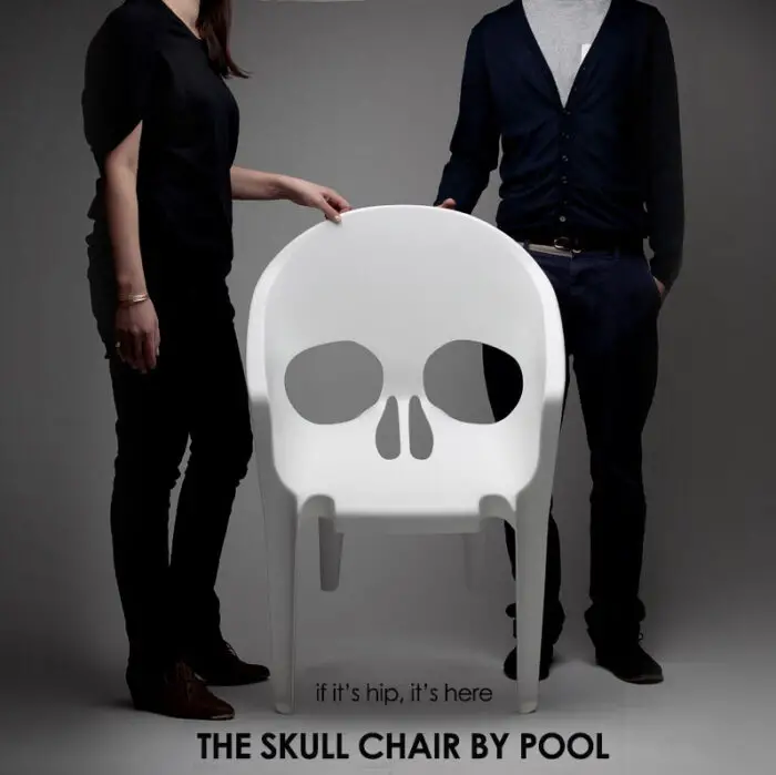 Read more about the article White Fiberglass Skull Chair By Pool.
