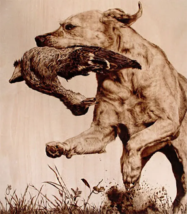 dog with bird in mouth illustration burned into wood