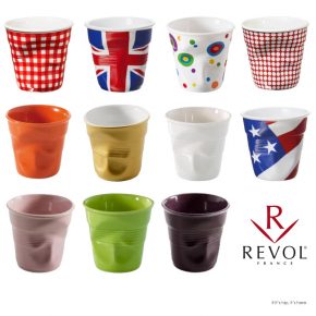 New Crushed Porcelain Cups, Tumblers, Containers and Champagne Buckets from Revol of France.