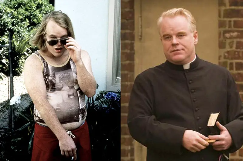 Philip seymour hoffmanin Boogie Nights (above left) to Doubt (above right)