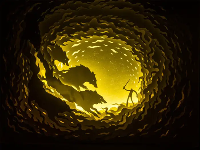 fire wolves and the lone warrior paper art