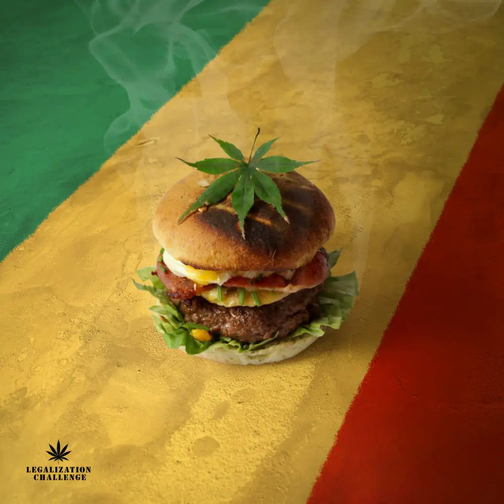 Beuh-rger. Buns de cannabis. Steak so high. Feuilles de salade roulées. Bacon fumé. Œuf pochon. MunCheese de Savoie. Ciboulette de shit