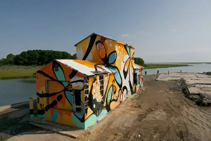 Mural painted on an abandoned oyster factory in Oyster, Virgina