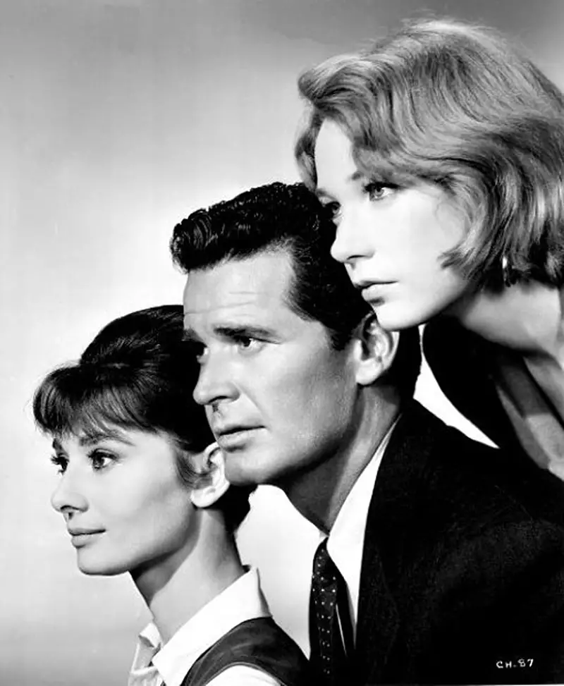 Publicity still of James Garner, Audrey Hepburn and Shirley Maclaine