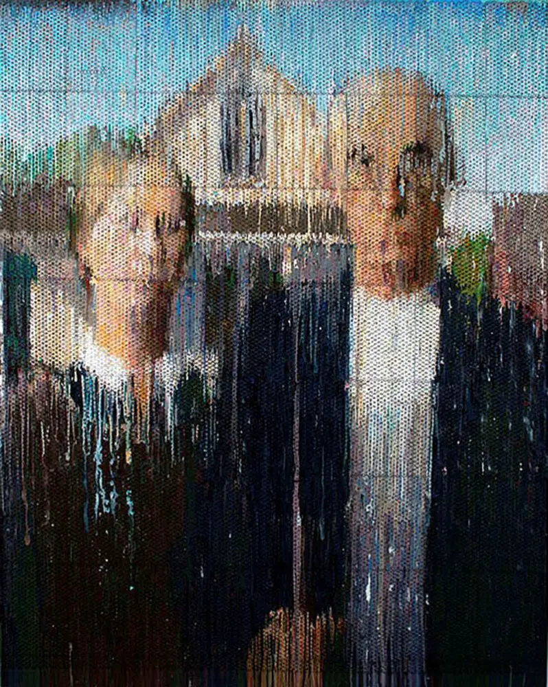 american gothic acrylic on wood, 77 1/4 x 60 1/4 in. (196.2 x 153 cm)