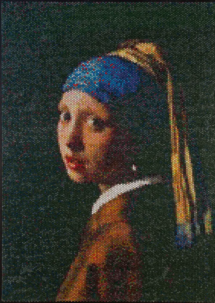 girl with a pearl earring acrylic injected into bubble wrap, 75 5/8" x 54 5/8"