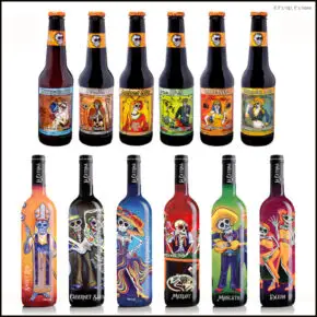 Beer and Wine Bottle Designs With A Muerto Motif for Halloween.