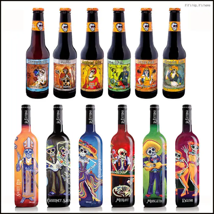 Read more about the article Beer and Wine Bottle Designs With A Muerto Motif for Halloween.