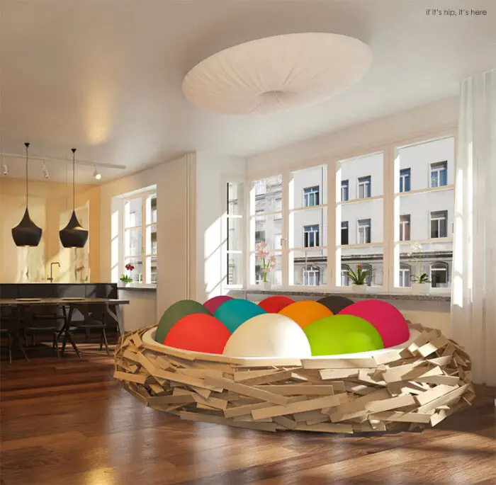 Birdsnest with solid colored egg poufs