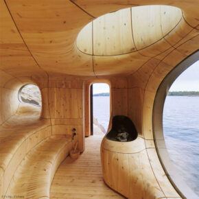 The Grotto Sauna is an Amorphic Prefab on the Edge of a Private Island.