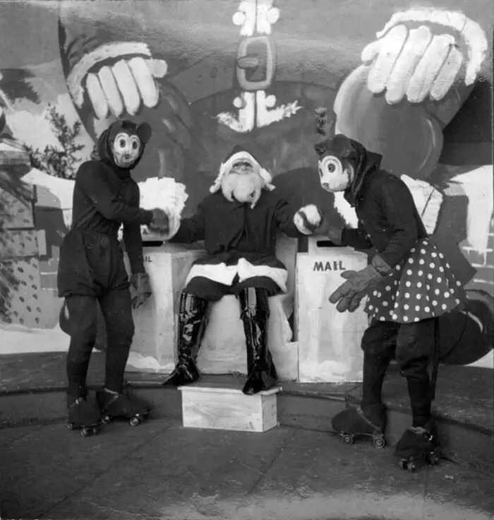 1935 Santa Shakes Hands with Mickey and Minnie Mouse, Central Park Bandshell, 1935