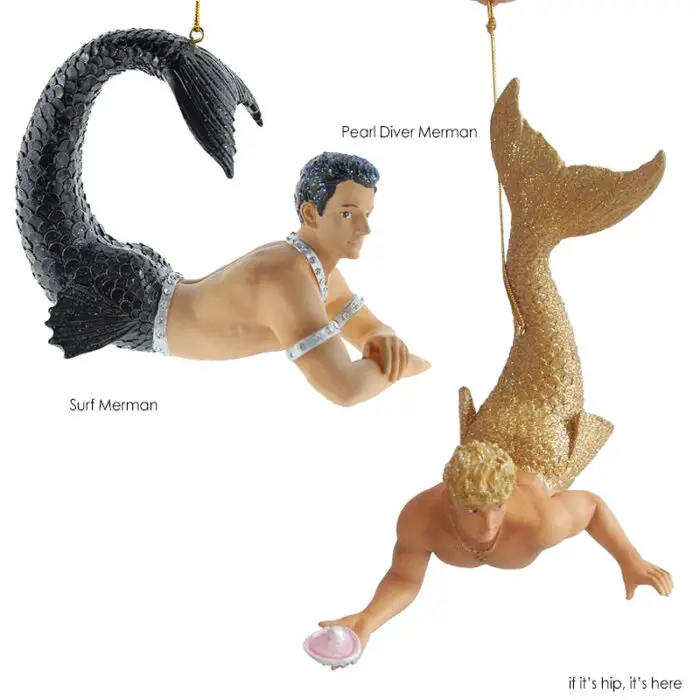 Surf and pearl diver merman christmas ornaments