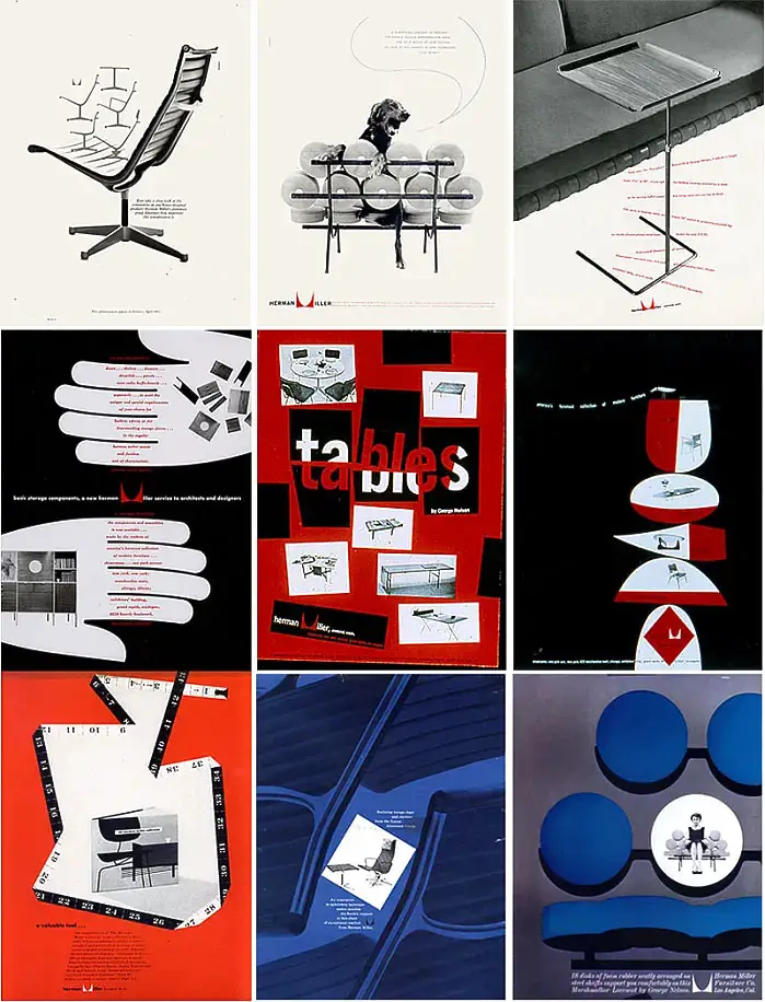 some of the ads and collateral designed by Irving Harper for Herman Miller, courtesy of Herman Miller