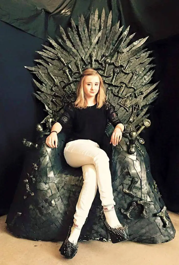 Kerrie Ingram (Princess Shireen Baratheon) wearing my Iron Throne heels on an AMAZING iron throne replica by prop maker Victoria Mclean