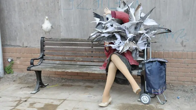 art from dismaland 2 bansky birds bench