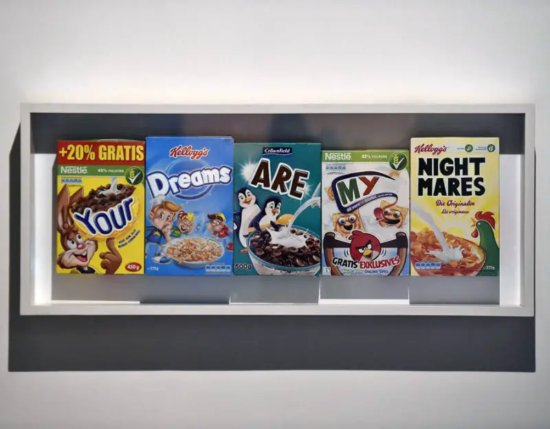 cereal boxes spell out Your Dreams Are My Nightmares