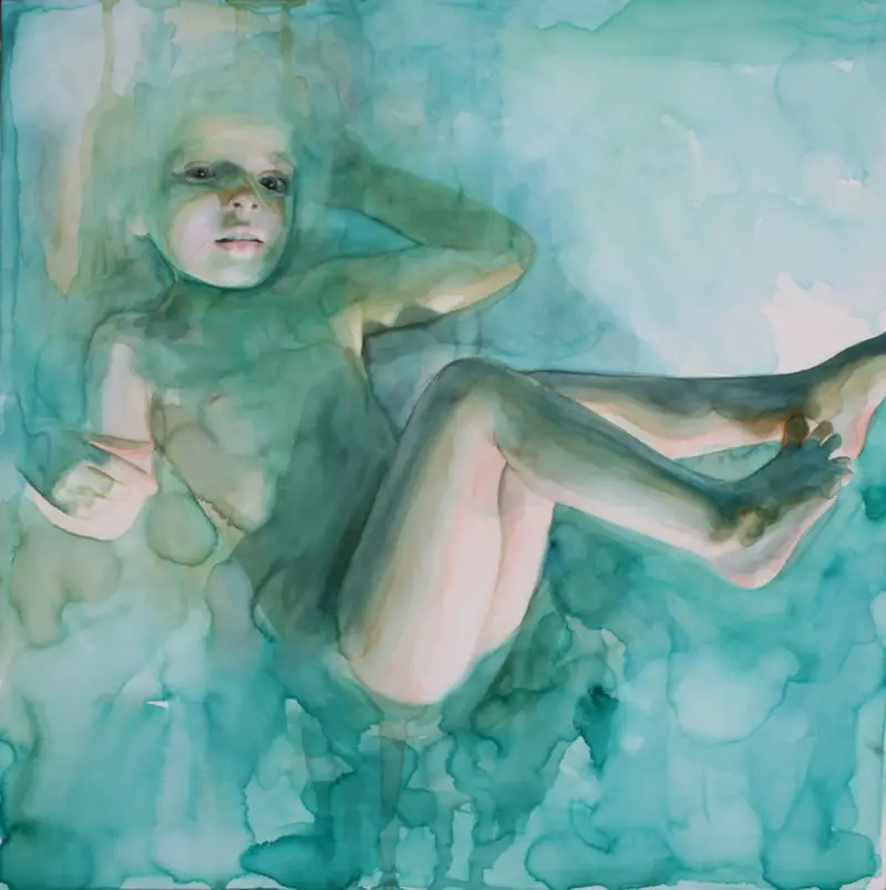 In the Dream She Was Floating, But Not Completely Submerged, watercolor on clayboard, 18″ x 18″