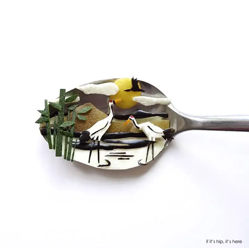 cranes and scenery on spoon
