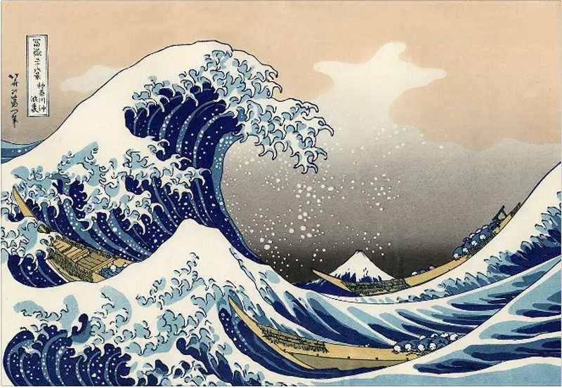kokusai the great wave color woodblock print