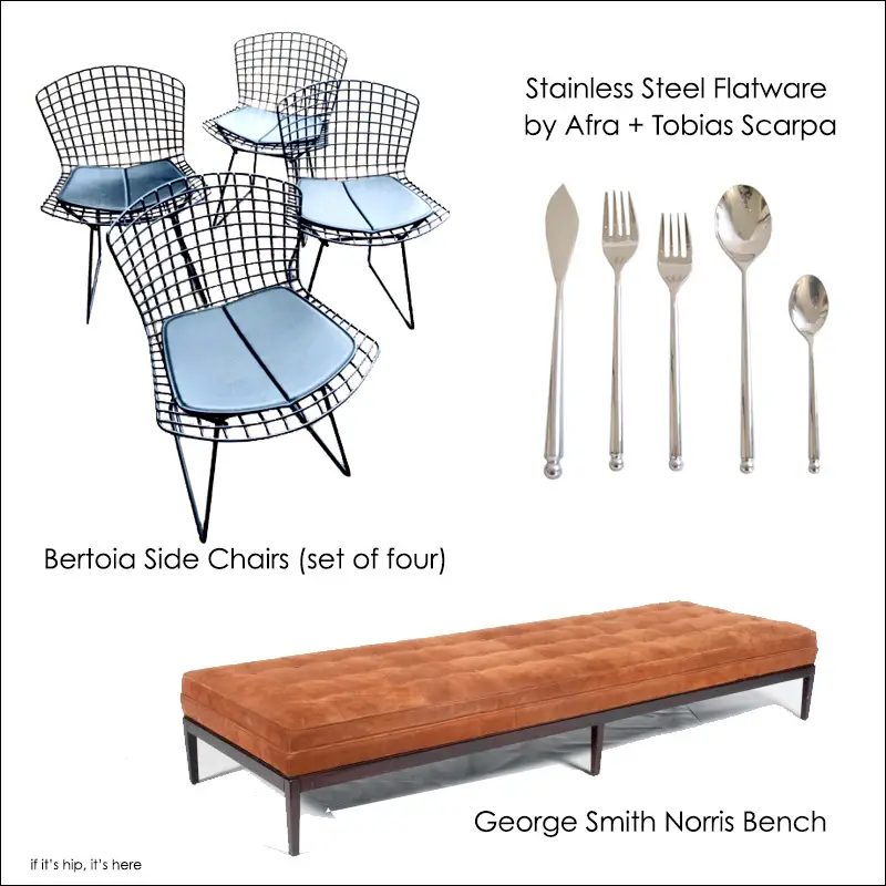 bertoia chairs, bench and flatware
