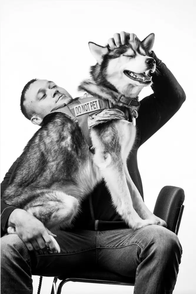 Lyndon Villene and service dog, Ice