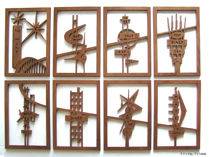 mid century modern road sign fretwork collage
