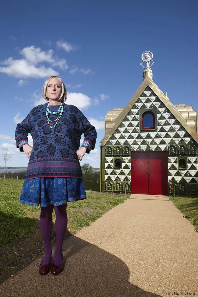 Grayson Perry as fictional character Julie Cope outside his A House For Essex