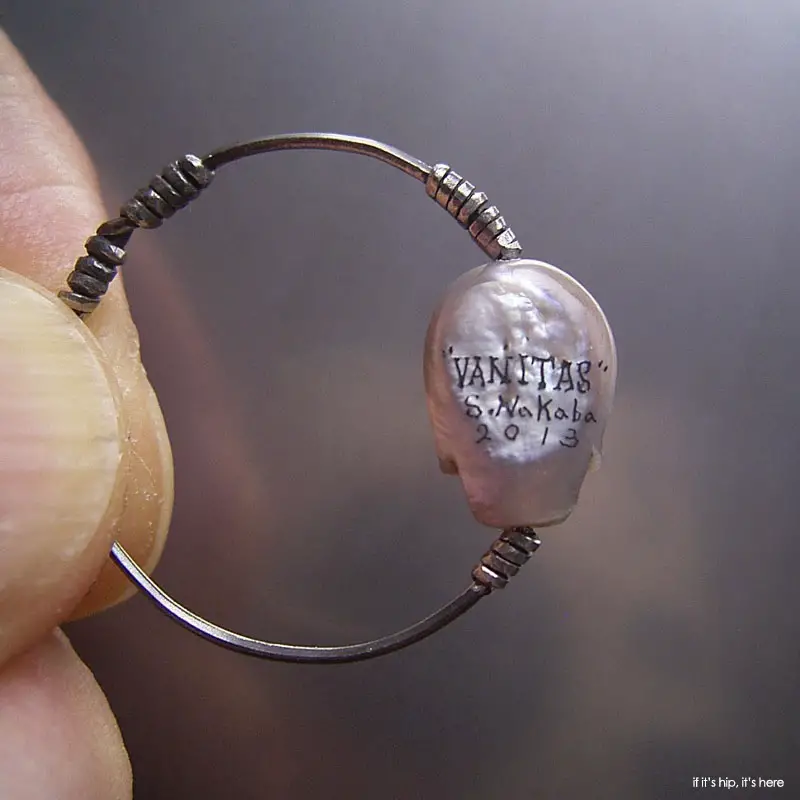 carved pearl vanitas ring signed on back