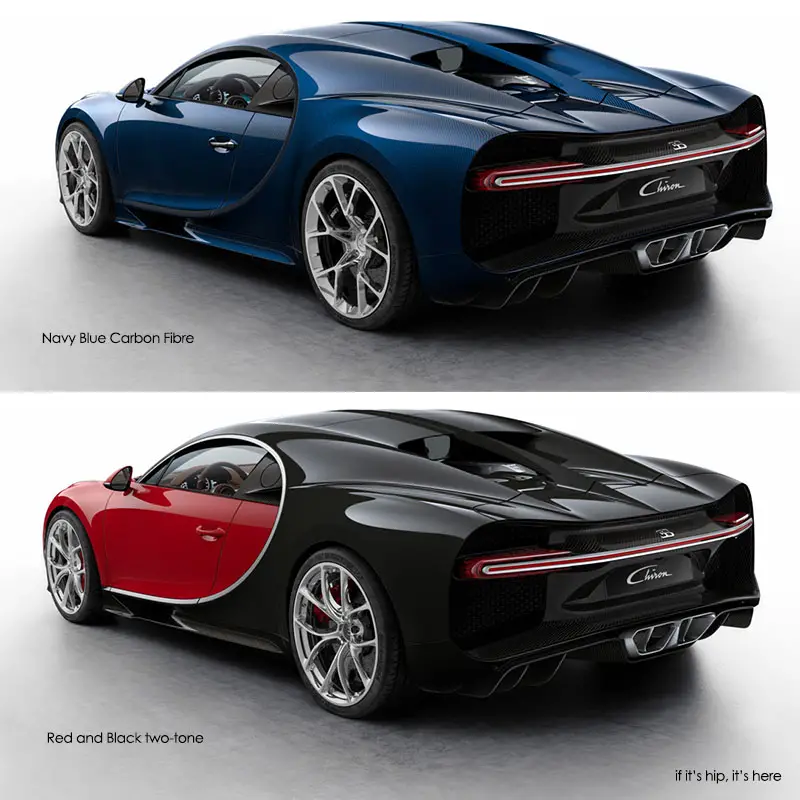 Bugatti Chiron navy blue and red and black rear 3 quarters