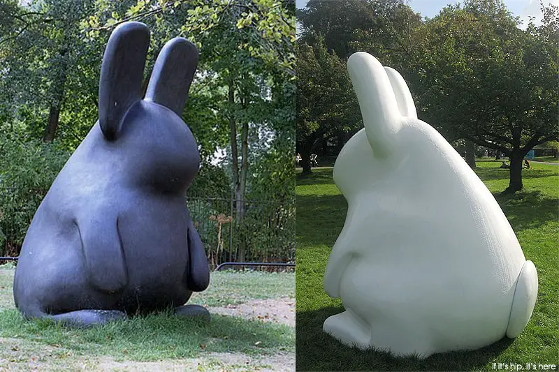 bronze and bronze painted white rabbits