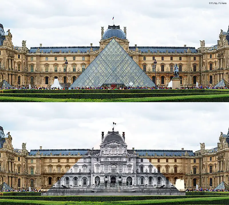 Using photographic images pasted on the glass and steel pyramid, artist JR makes it disappear