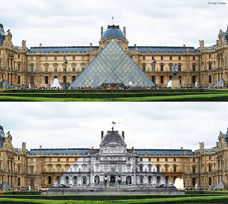 Using photographic images pasted on the glass and steel pyramid, artist JR makes it disappear