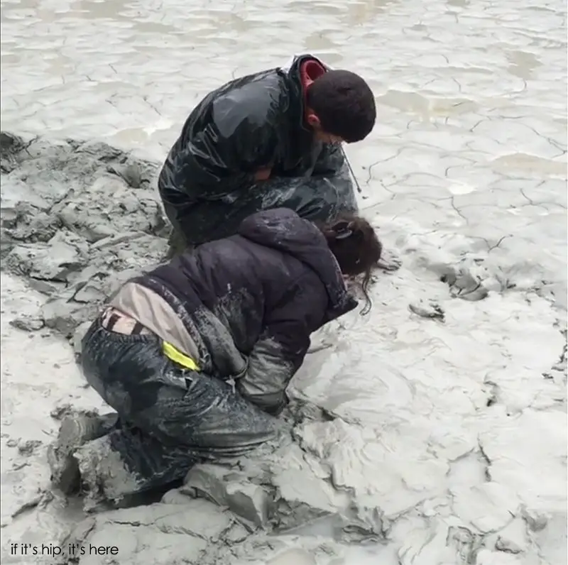 Molding the wet glacial rock dust in the fountain