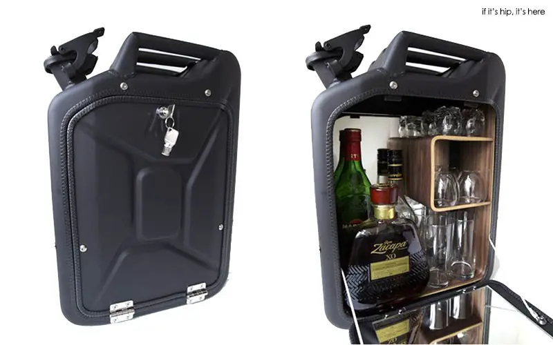 vintage black jerrycan as bar cabinet