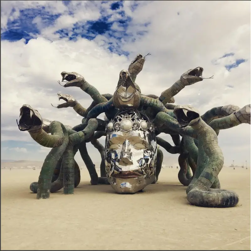 reared in steel medusa sculpture