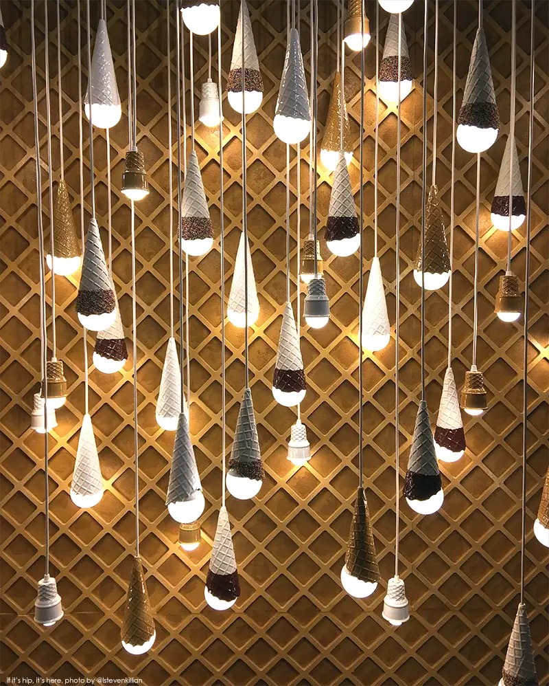 Ice cream cones lights suspended from the ceiling