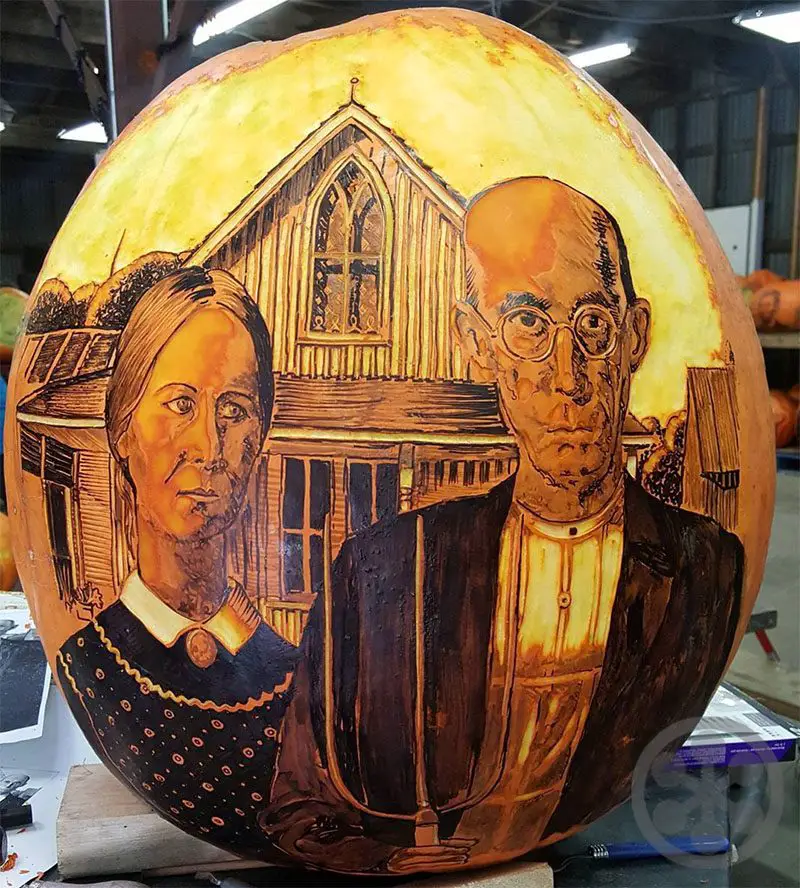 Grant Wood's American Gothic pumpkin carving
