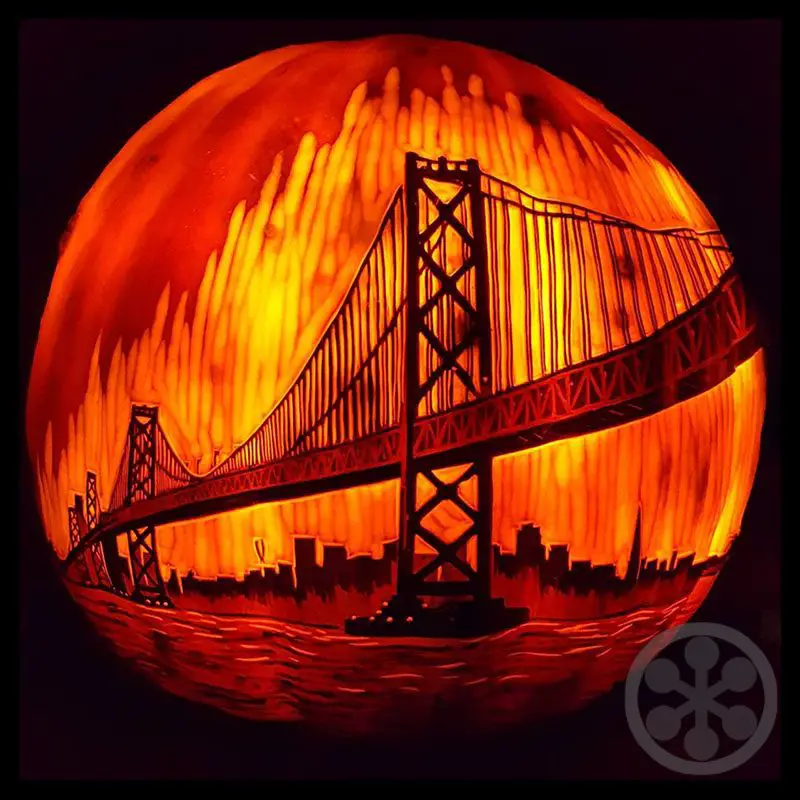 Golden Gate Bridge pumpkin carving by Edward Cabral